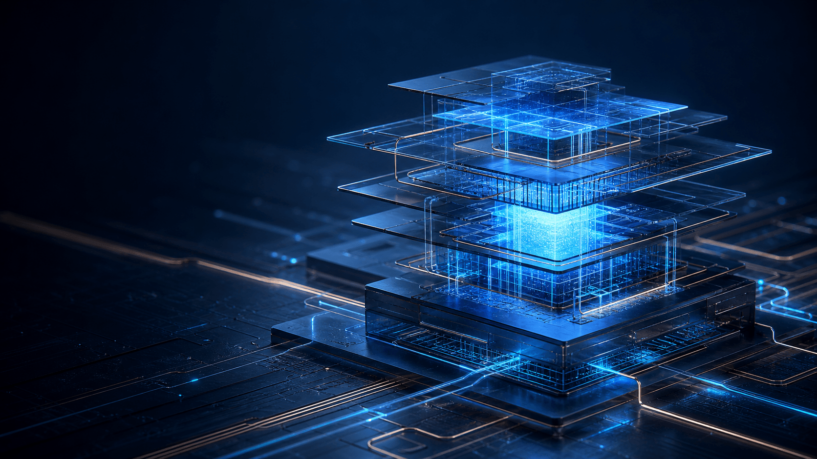 Layered glass and metal infrastructure connected by illuminated data paths